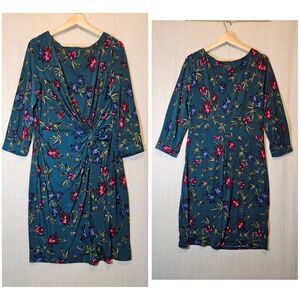 Lauren Ralph Lauren Women’s 16 Faux Wrap 3/4 Sleeve Teal Green Dark Floral Dress